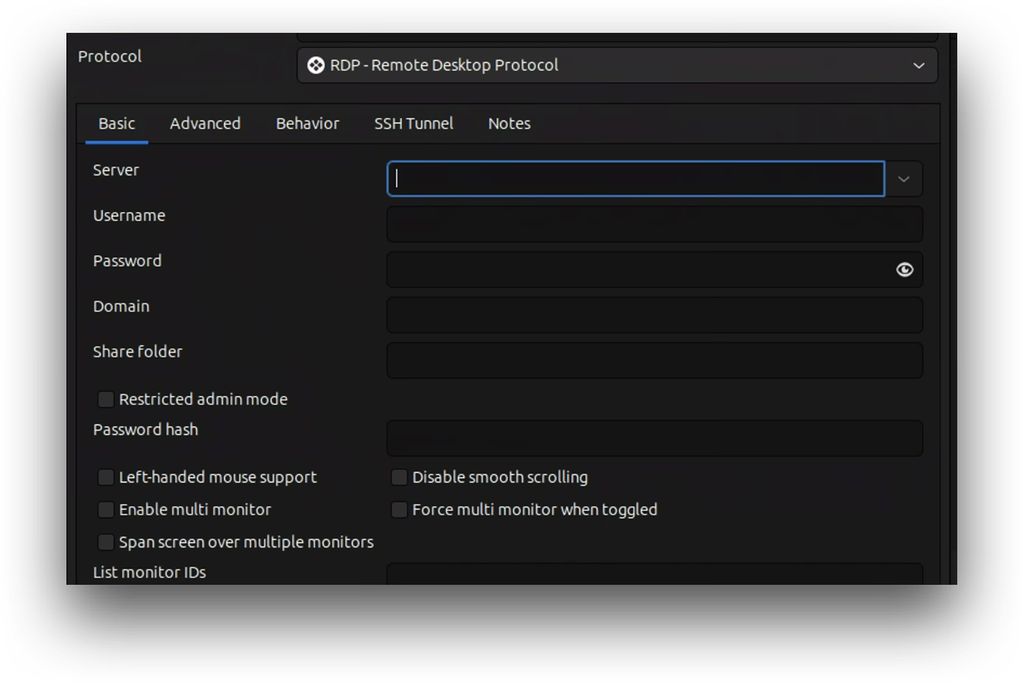 Remmina basic RDP profile fields for server, username, password, and domain.