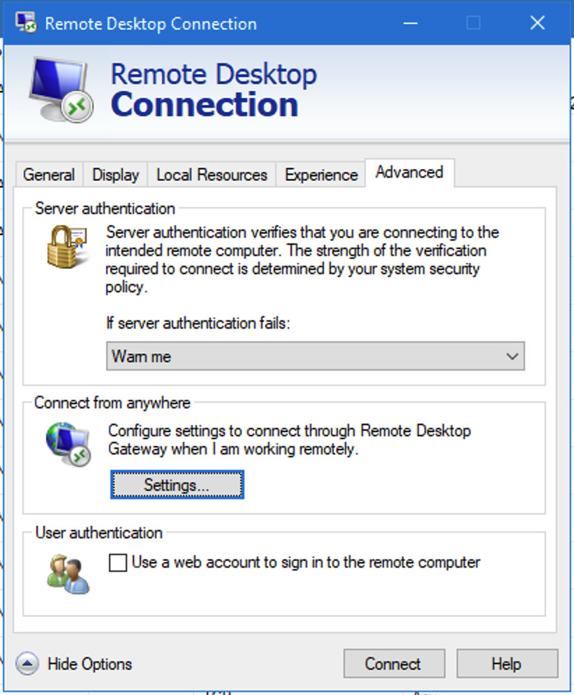 Remote Desktop Connection Advanced tab showing the Settings button under Connect from anywhere.