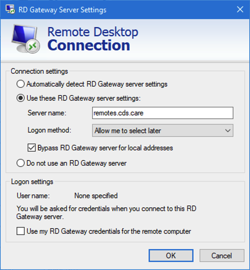 RD Gateway Server Settings showing remotes.cds.care entered as the server name.